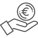 Main ouverte tenant une pièce de monnaie euro (€). Représente le paiement, la finance, un don ou une économie.