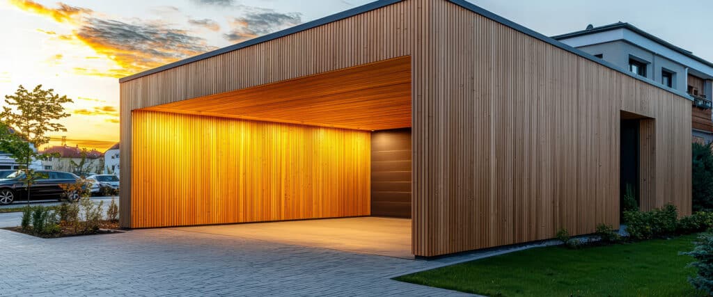 Garage moderne en bois éclairé de l'intérieur au crépuscule, ciel orange et chemin pavé.
