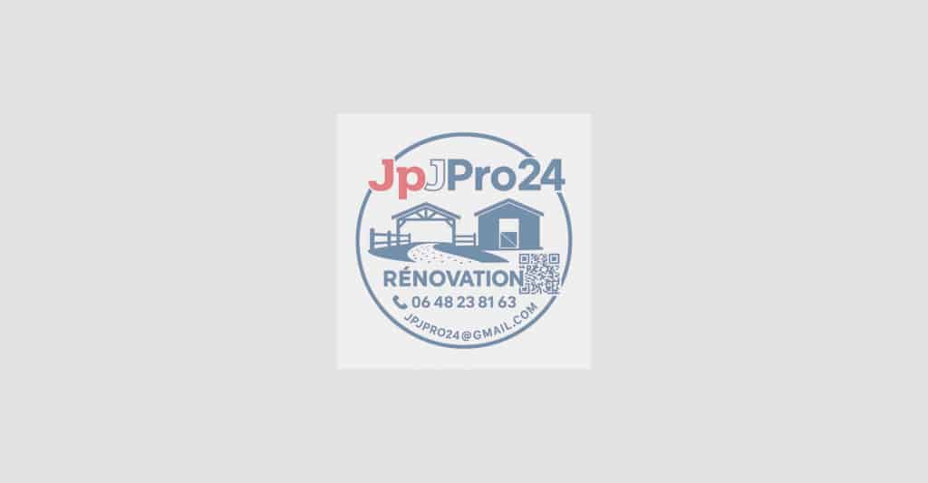 Logo JpJPro24 Rénovation. Il montre des bâtiments (grange, maison), un chemin, une clôture et un QR code. Contact: 06 48 23 81 63, JPJPRO24@GMAIL.COM.