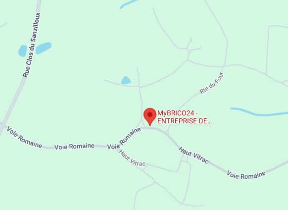 Carte routière affichant la localisation de MyBRICO24 à l'intersection de Voie Romaine et Haut Vitrac, proche de Rte du Four.