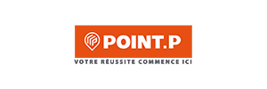 Logo Point P orange avec texte blanc "POINT.P" et icône de localisation. Bandé gris dessous affichant "MATÉRIAUX DE CONSTRUCTION".