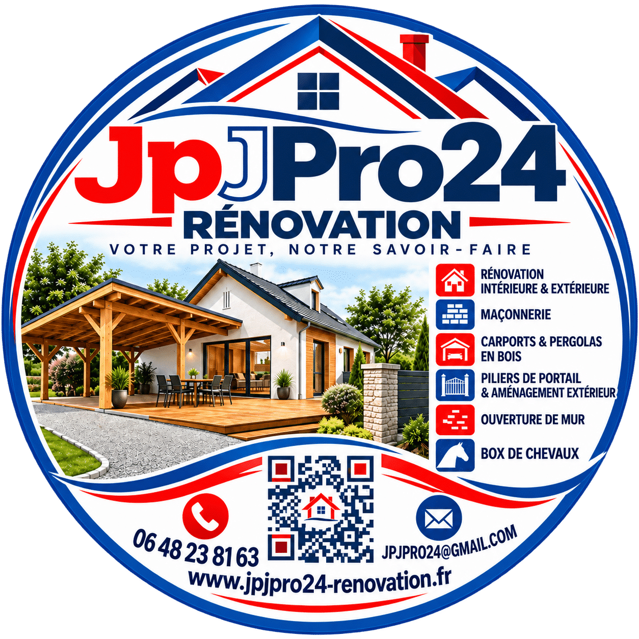 Logo JpJPro24 Rénovation : maçonnerie, carports, pergolas bois et aménagement extérieur. Contact au 06 48 23 81 63.